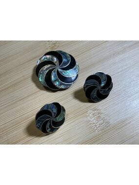 Mexico Abalone & Onyx Brooch/Pendant W/ Matching Earrings, Signed